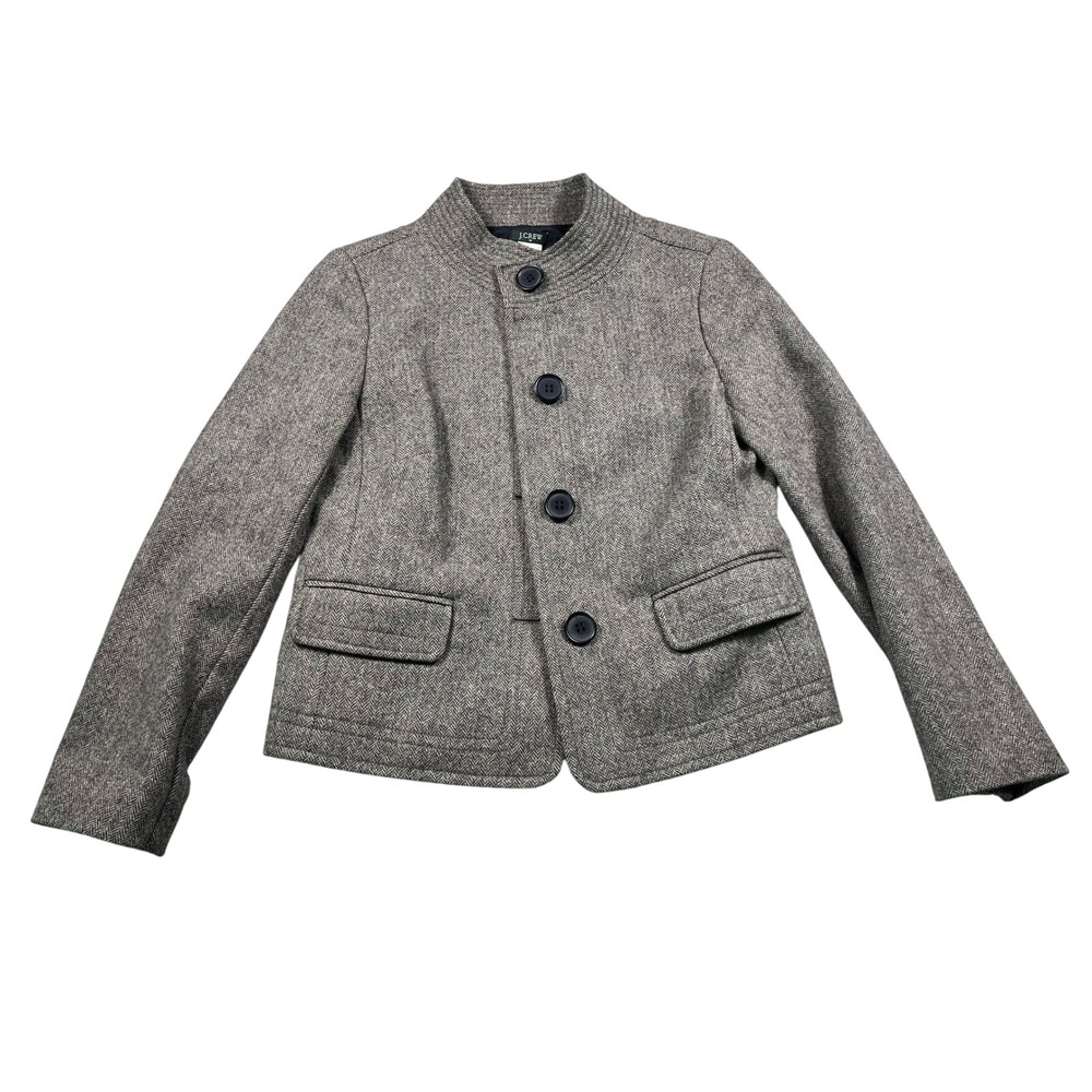 J.Crew Herringbone Wool Blend Jacket Size 2 Brown Stand Collar Blazer
